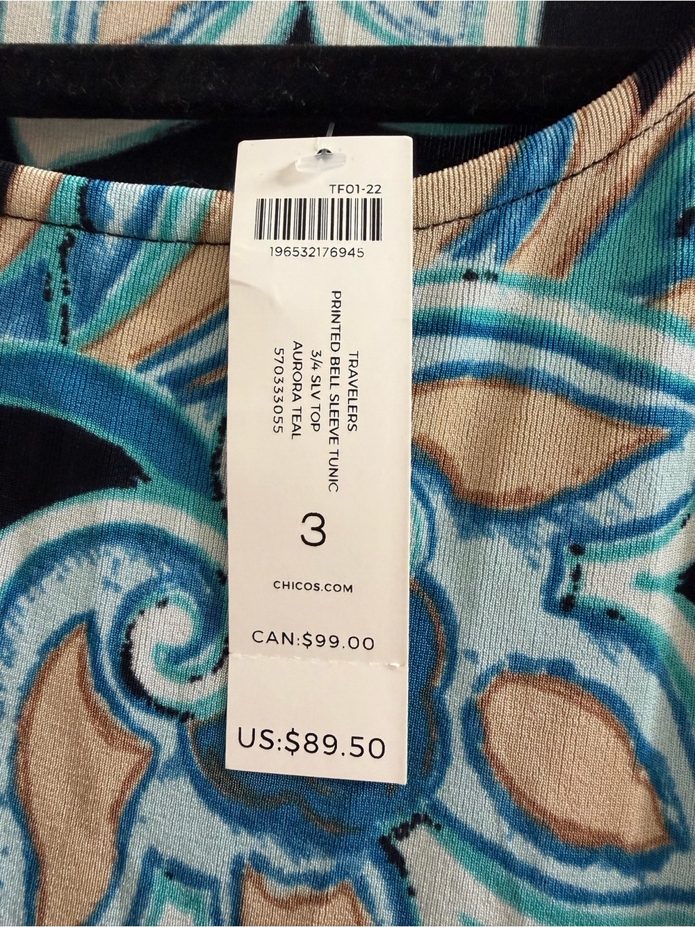 Chico's Black Long-Sleeve Top with Blue & Cream Floral Pattern size 3 XL - Picture 2 of 3